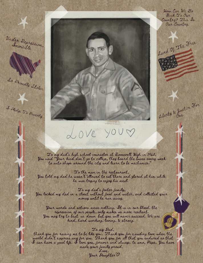 An illustrated polaroid of a man with short dark hair and brown eyes wearing an army uniform. Written on the polaroid are the words 