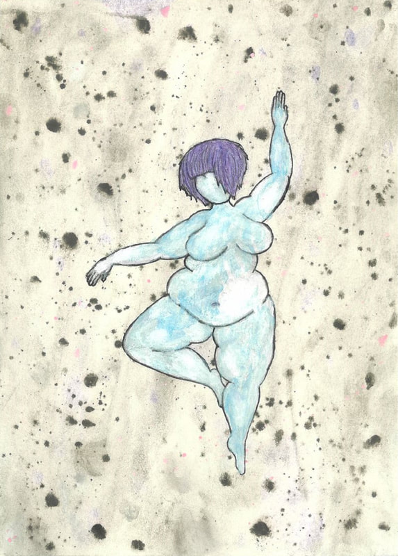 A naked full body dances with arms out. They have no face and purple hair.